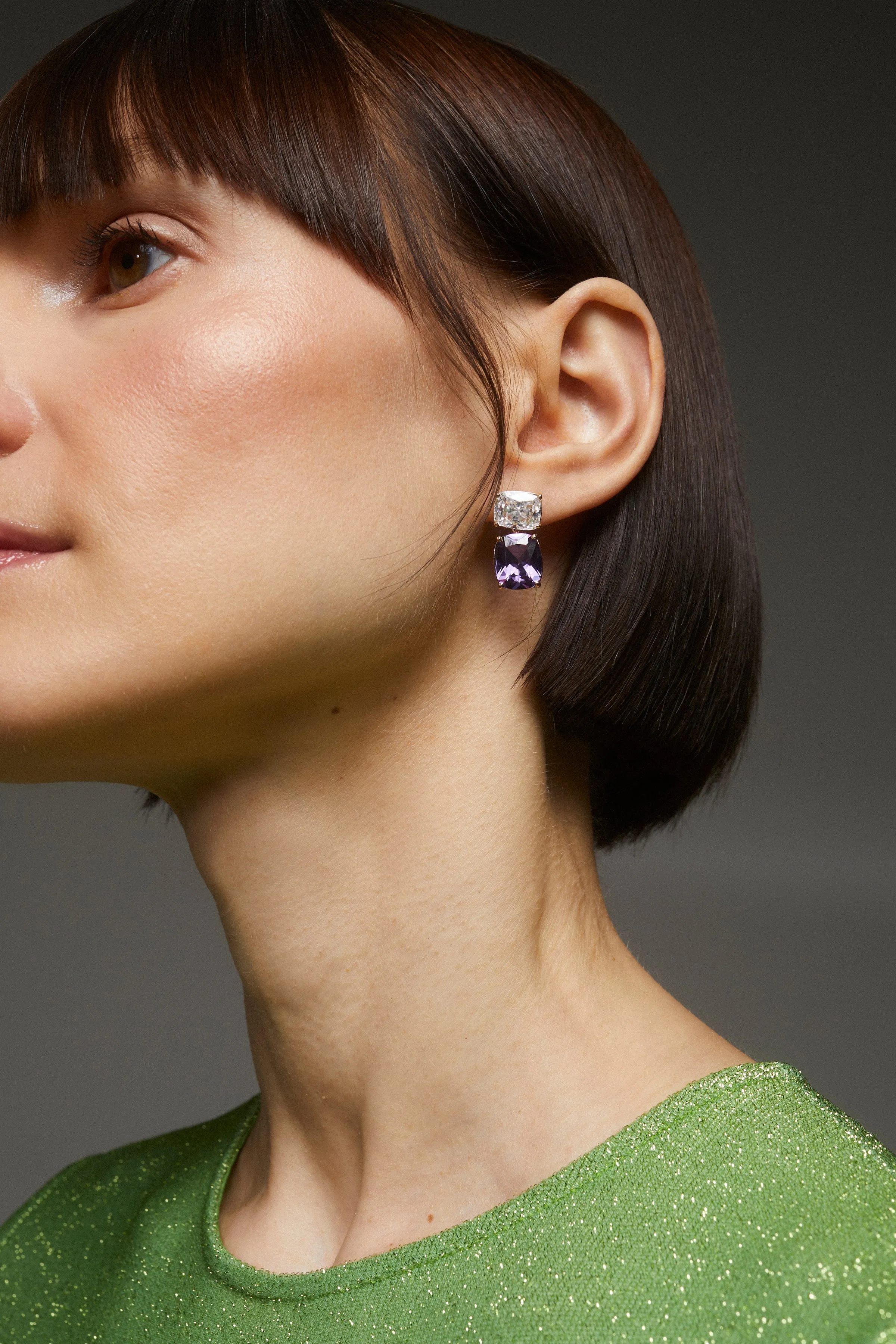NORTHERN LIGHTS EMERALD CUSHION PURPLE CZ DOUBLE DROP EARRINGS