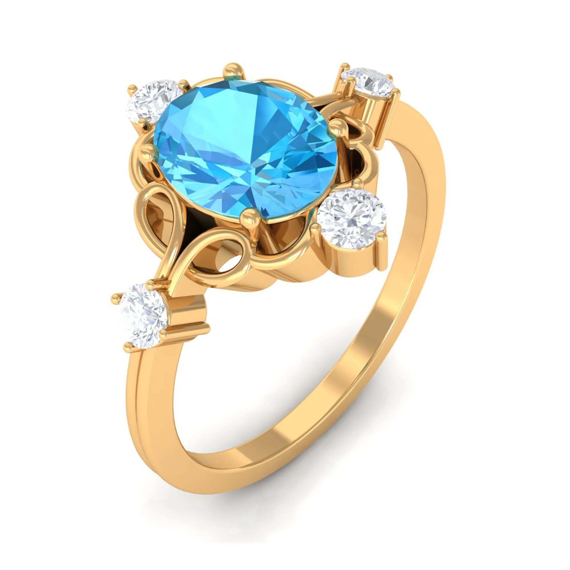 Oval Swiss Blue Topaz Cocktail Ring with Diamond