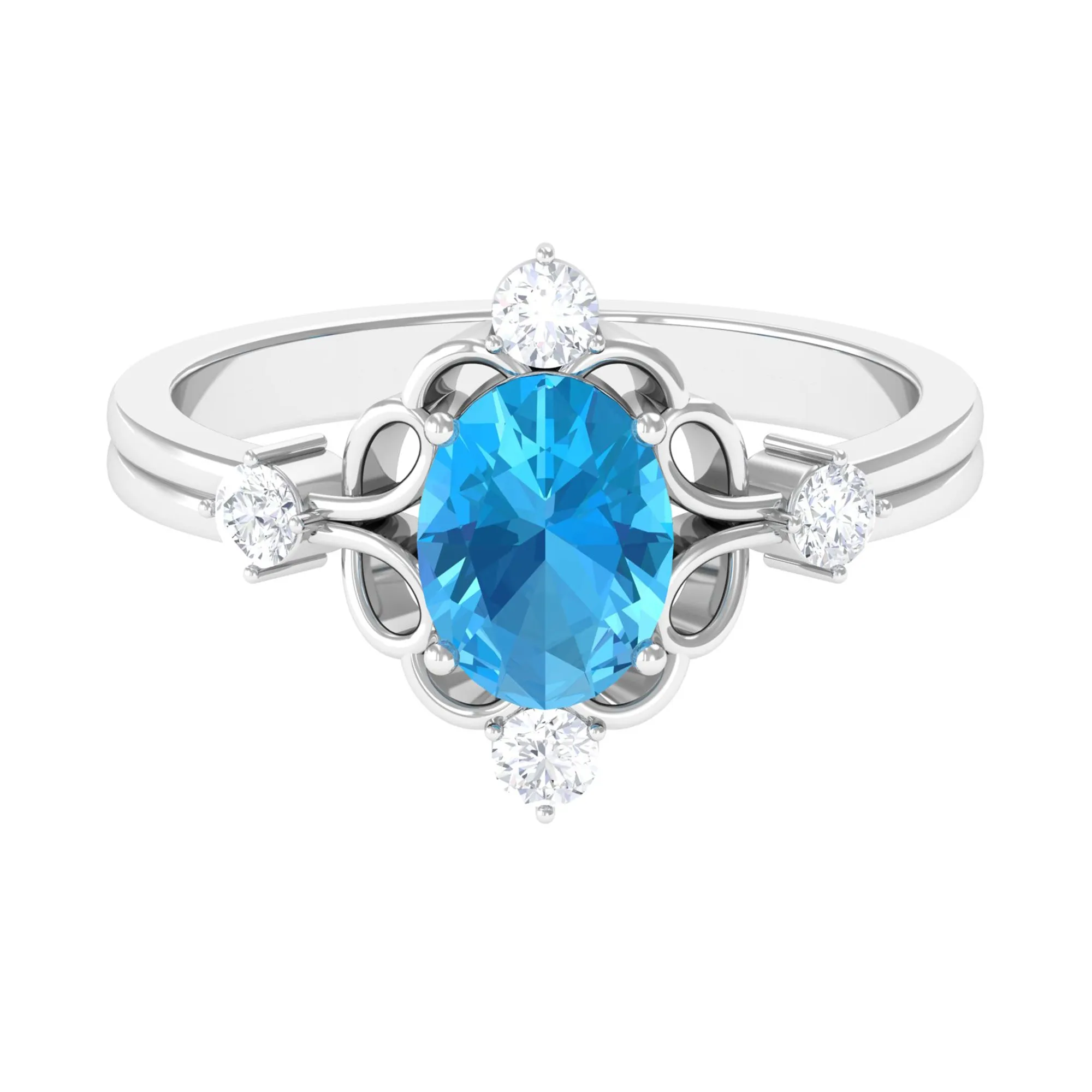 Oval Swiss Blue Topaz Cocktail Ring with Diamond