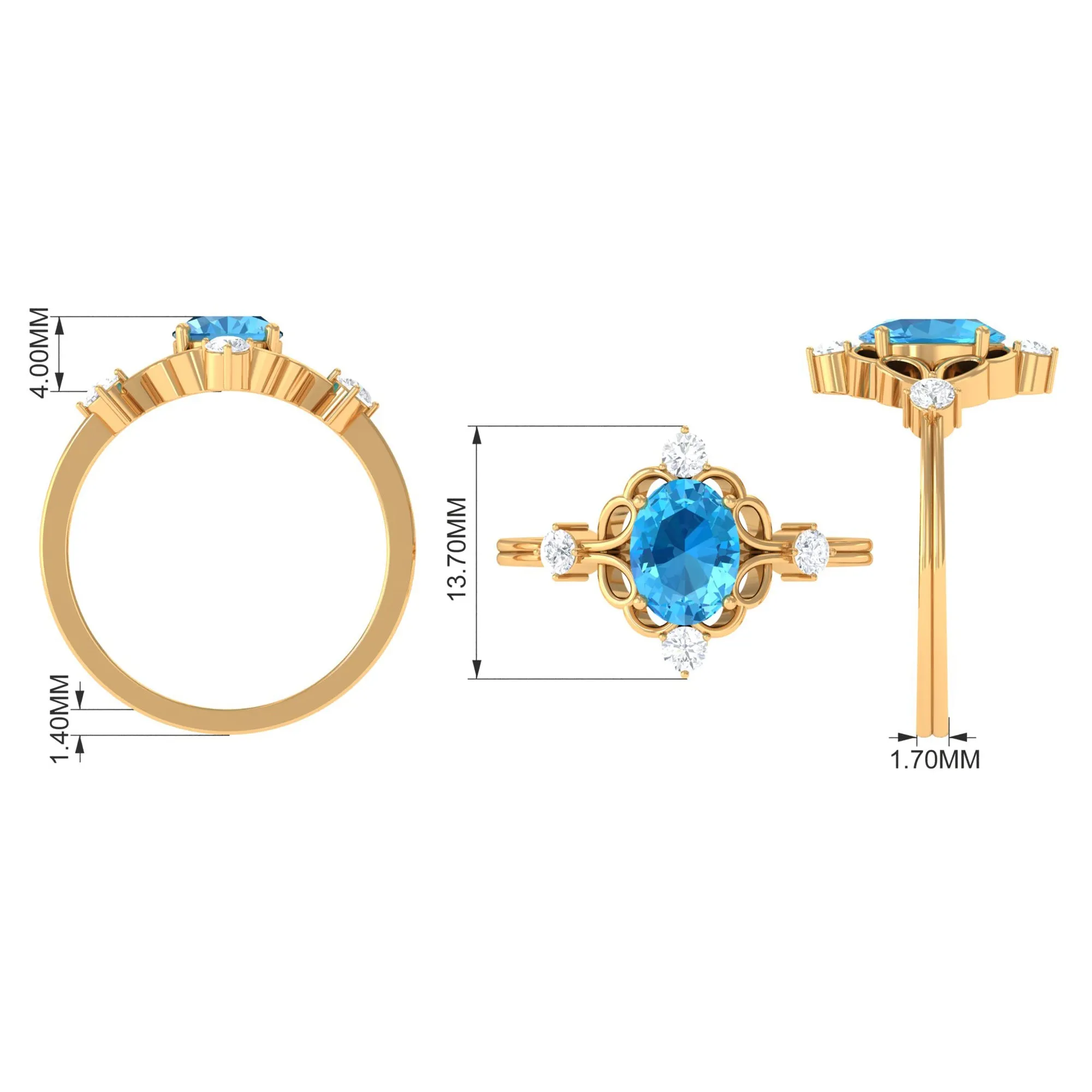 Oval Swiss Blue Topaz Cocktail Ring with Diamond