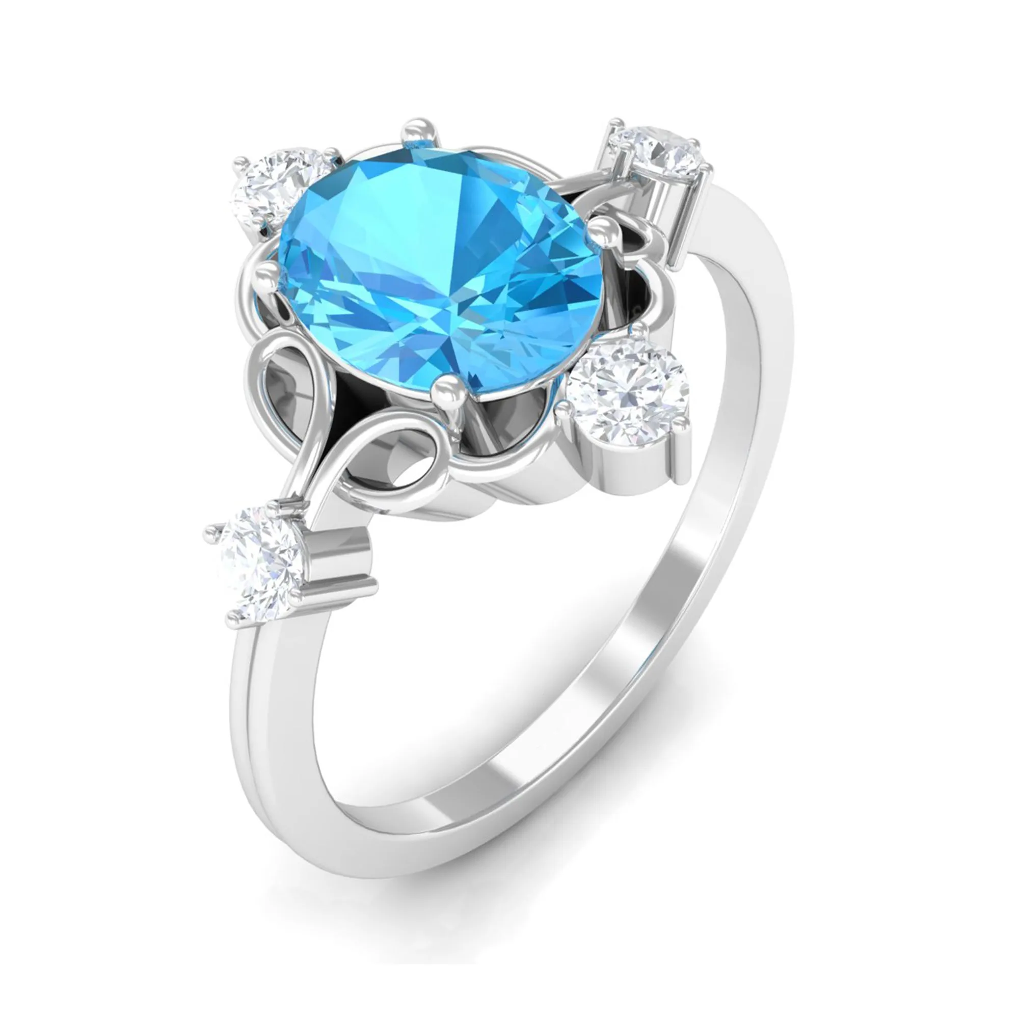 Oval Swiss Blue Topaz Cocktail Ring with Diamond