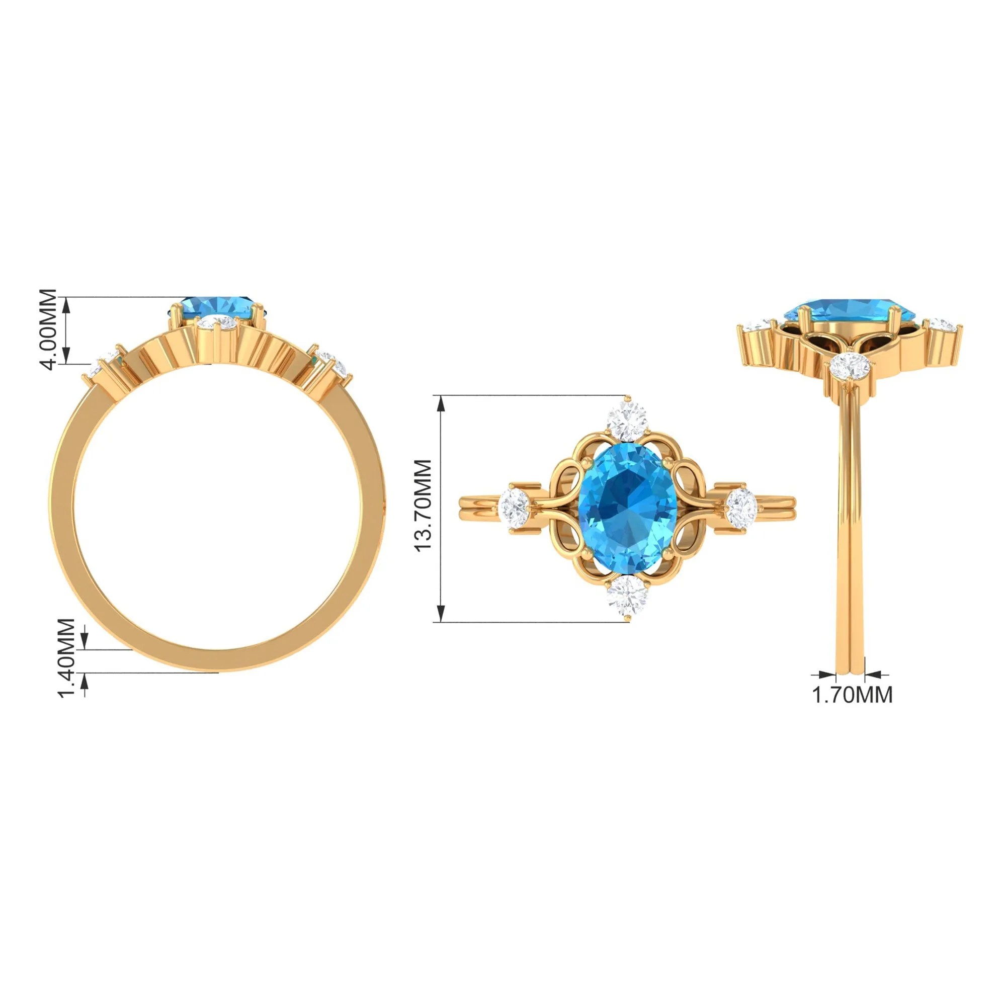 Oval Swiss Blue Topaz Cocktail Ring with Diamond
