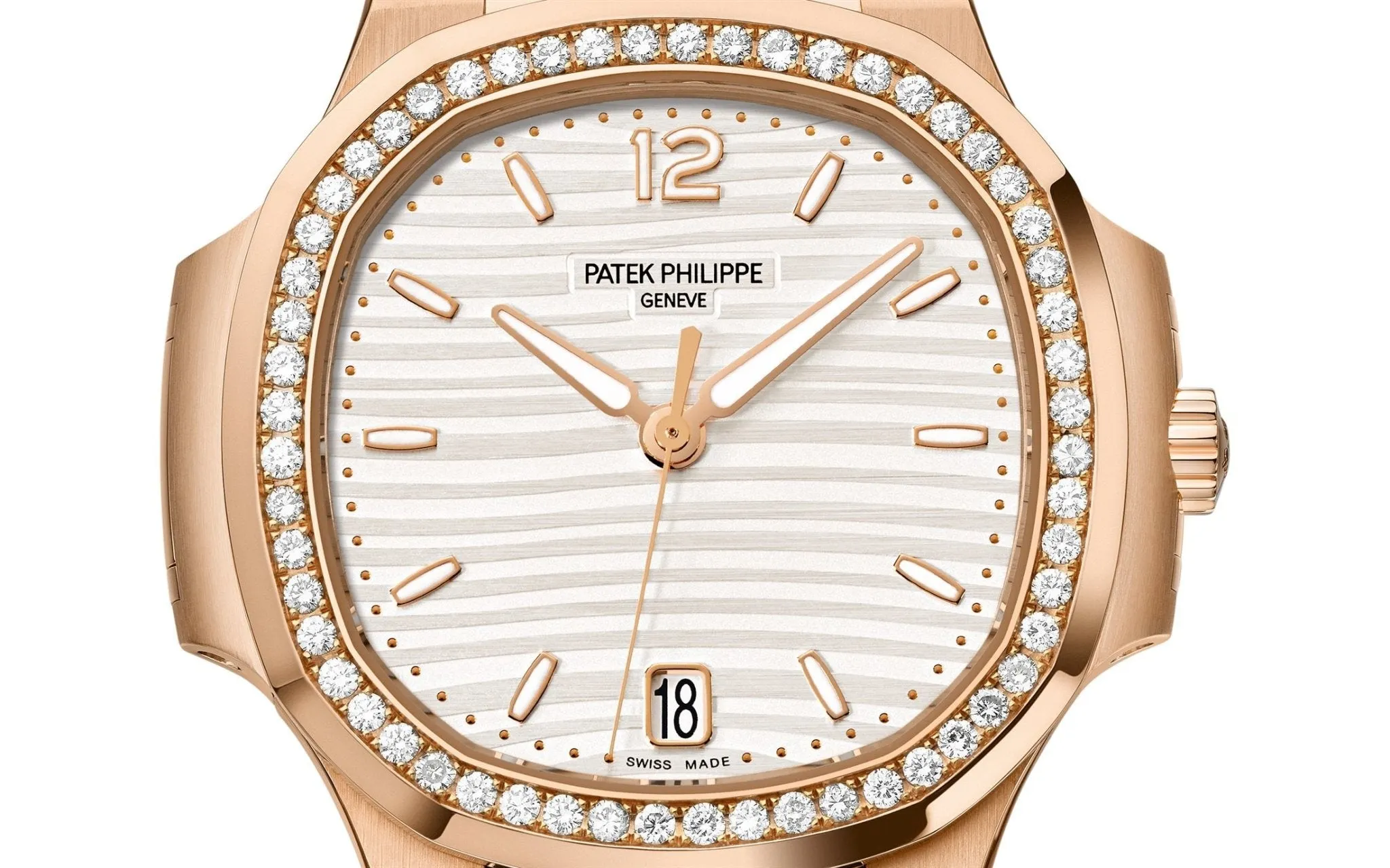 Patek Philippe Nautilus Ladies Rose Gold Nautilus White Dial Diamond Bezel 7118/1200R-001