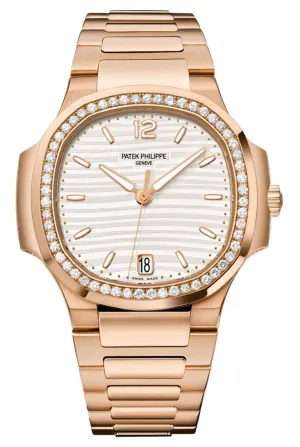 Patek Philippe Nautilus Ladies Rose Gold Nautilus White Dial Diamond Bezel 7118/1200R-001