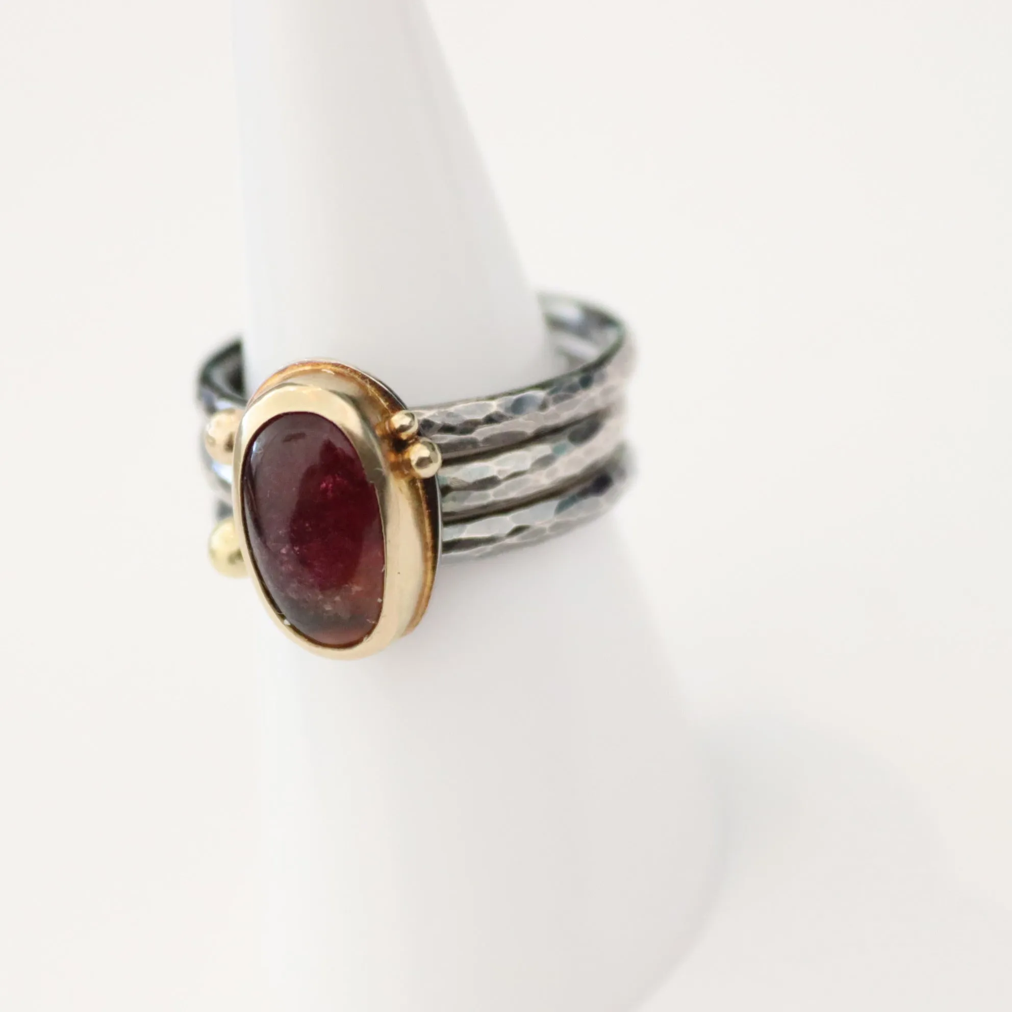 Red Tourmaline Cabochon in 18k gold bezel and Accents on Sterling Silver Oxidized Ring