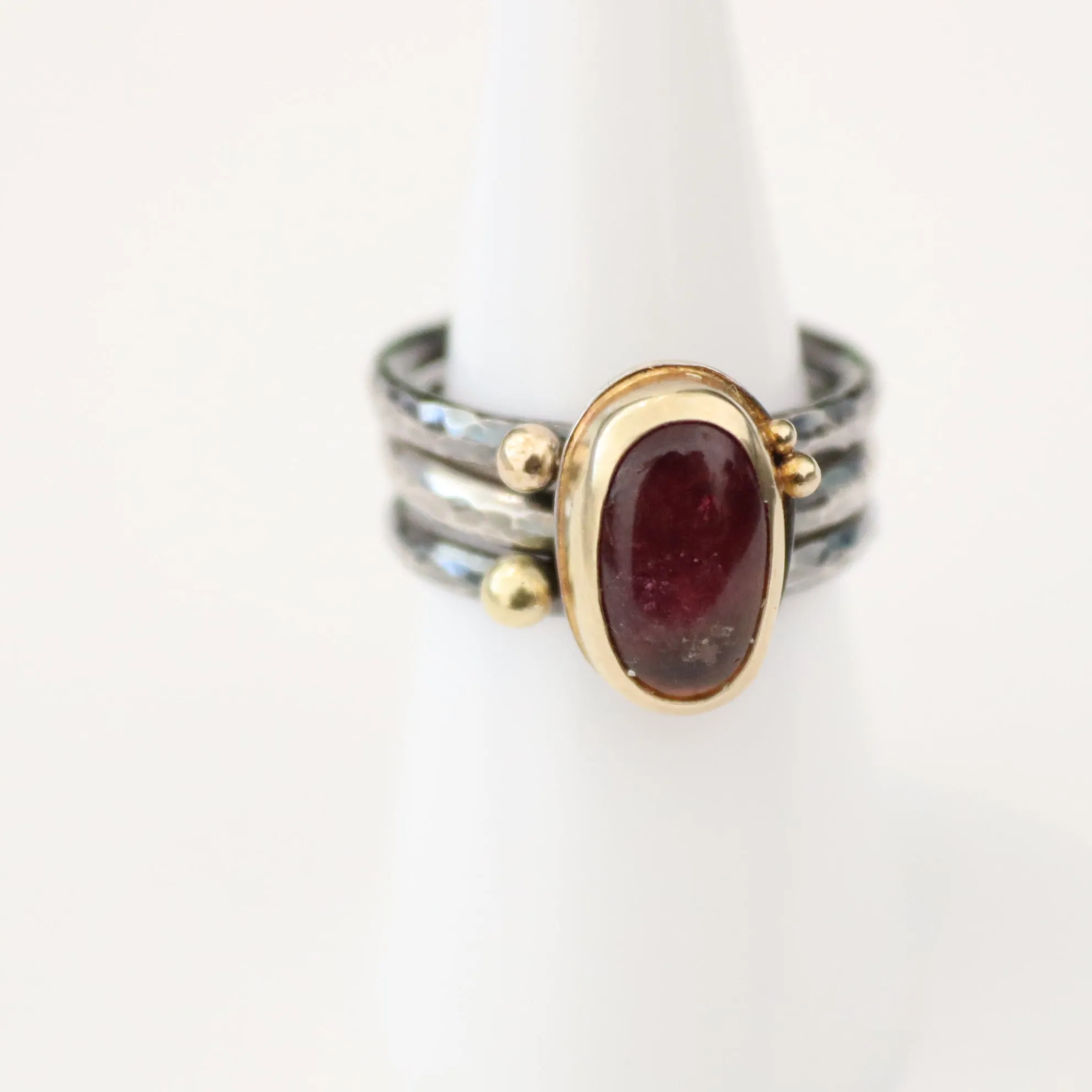 Red Tourmaline Cabochon in 18k gold bezel and Accents on Sterling Silver Oxidized Ring
