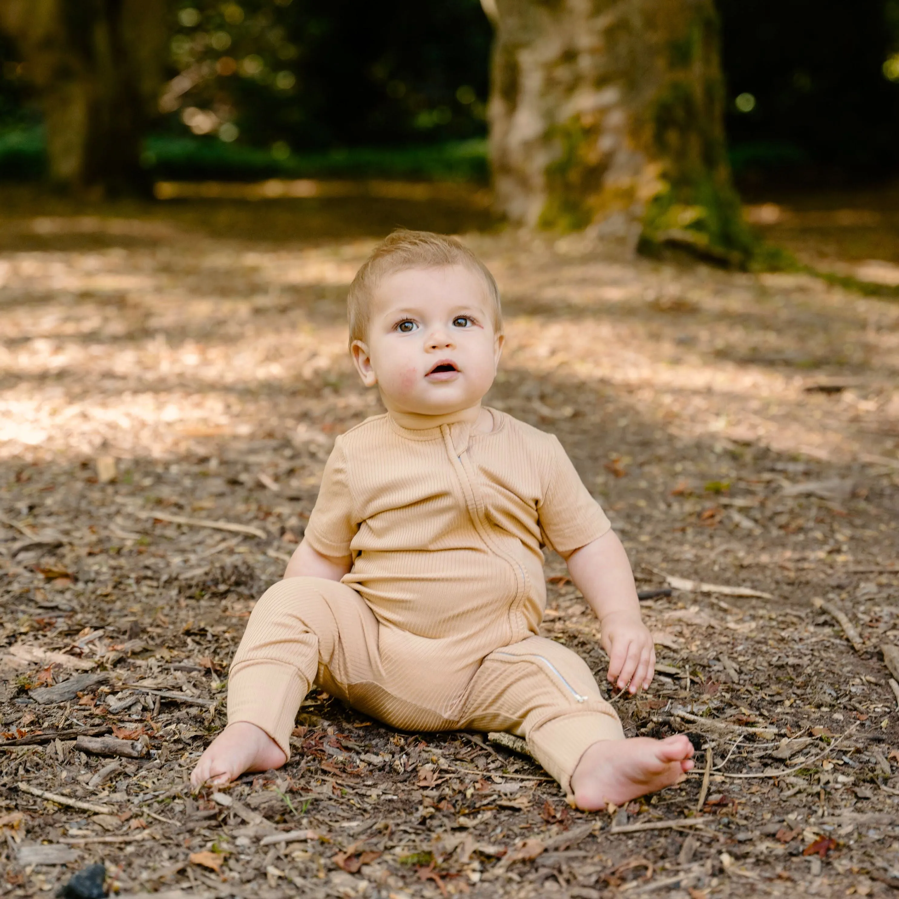 Ribbed Bamboo Short Sleeve Zipper Romper - Amber
