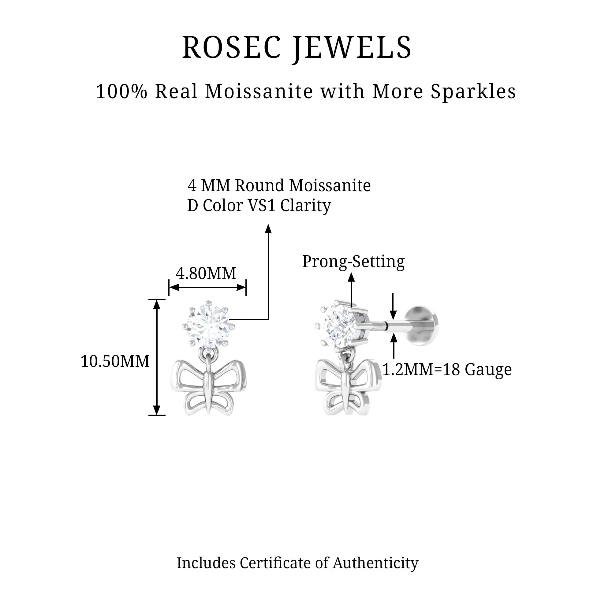 Round Moissanite Butterfly Drop Earring for Cartilage Piercing