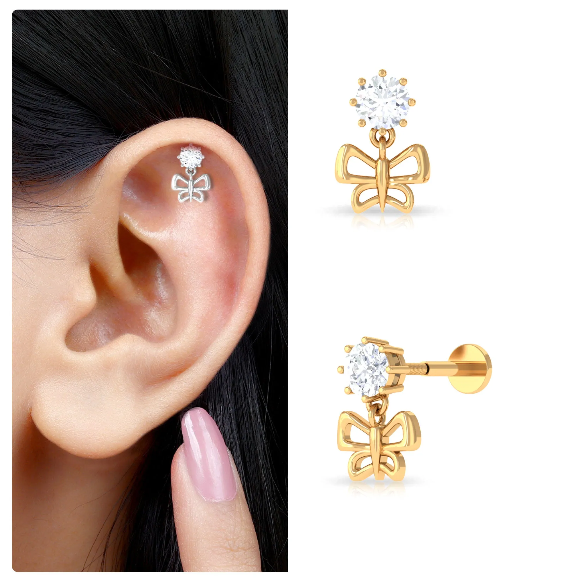 Round Moissanite Butterfly Drop Earring for Cartilage Piercing