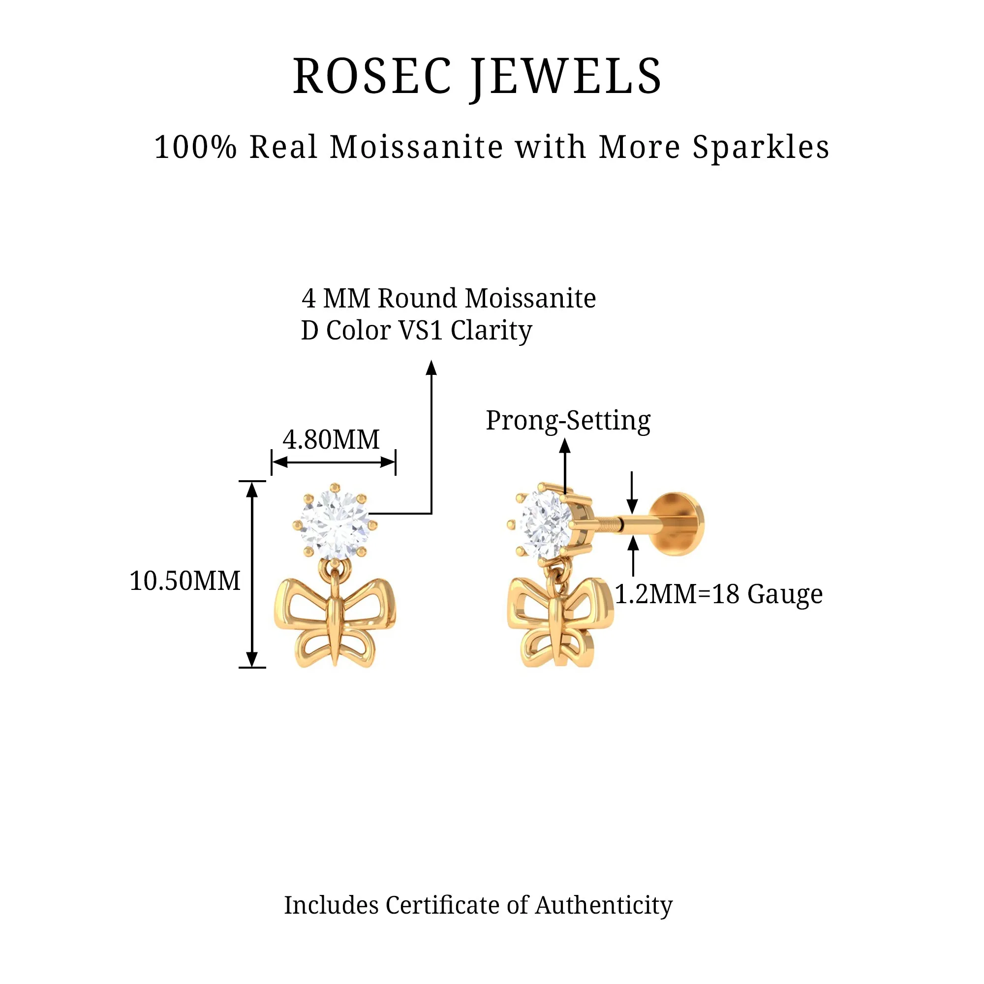 Round Moissanite Butterfly Drop Earring for Cartilage Piercing