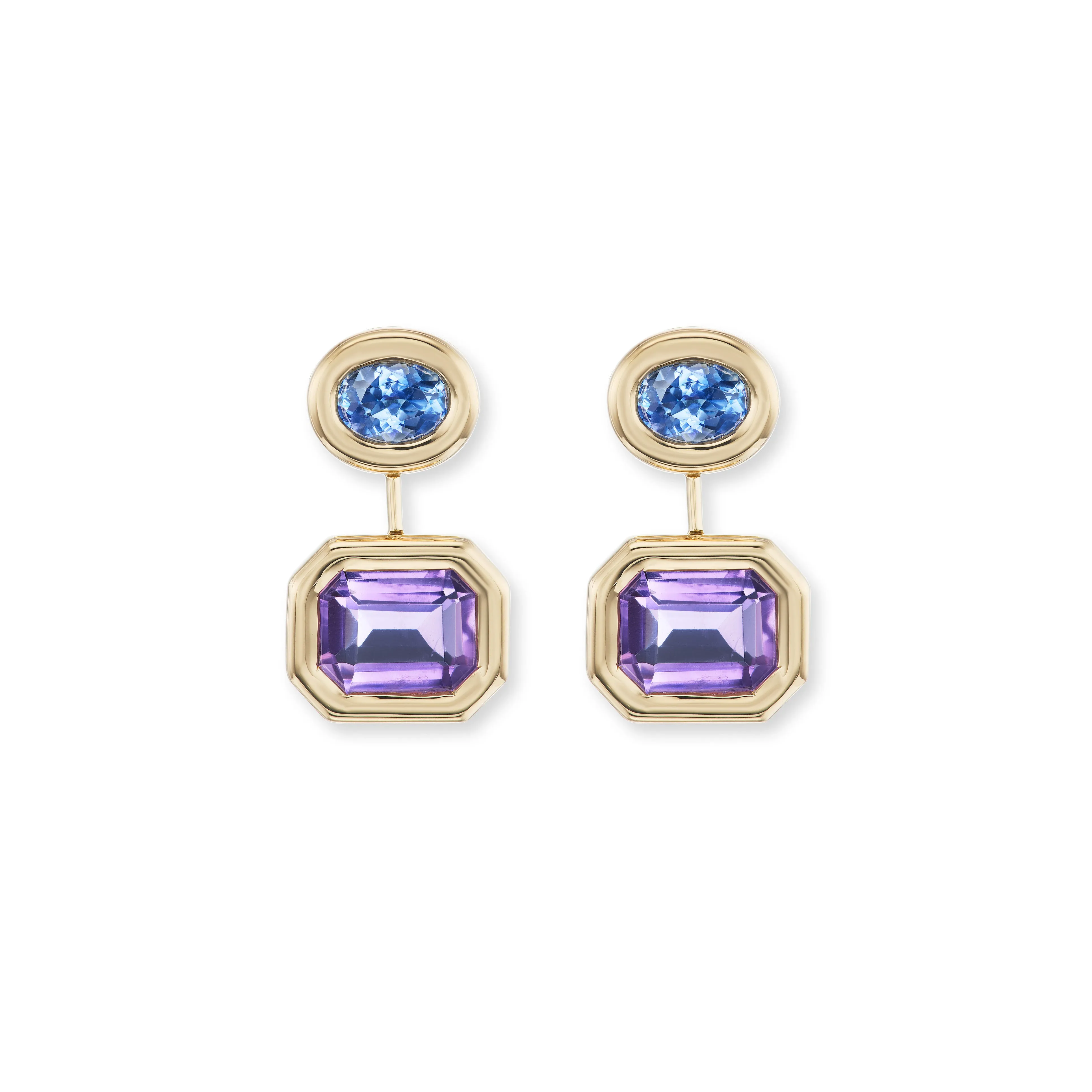 Small Two-Stone Pillow Drop Earrings with Sapphires and Amethyst