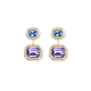 Small Two-Stone Pillow Drop Earrings with Sapphires and Amethyst
