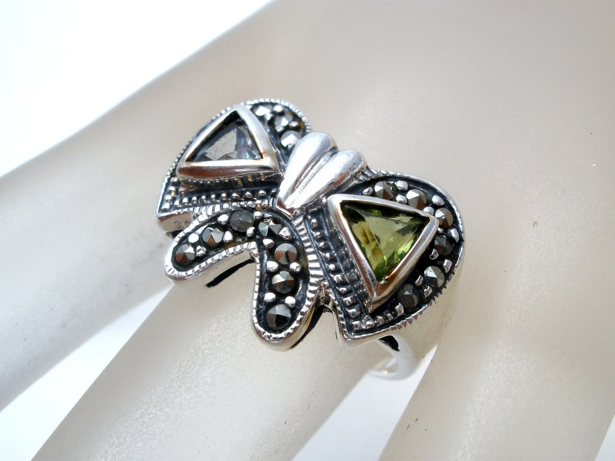 Sterling Silver Bow Ring with Blue Topaz & Peridot
