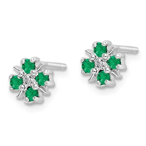 Sterling Silver Genuine Emerald And Diamond Post Earrings