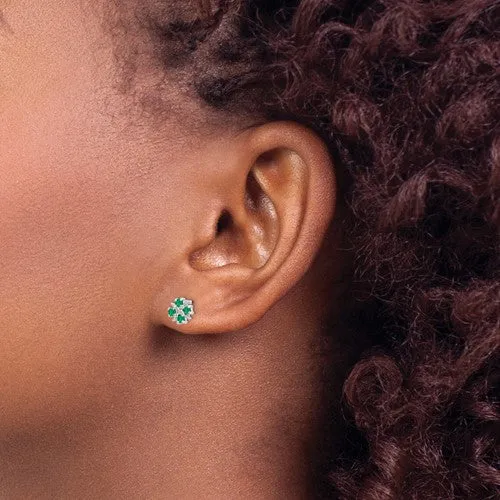 Sterling Silver Genuine Emerald And Diamond Post Earrings