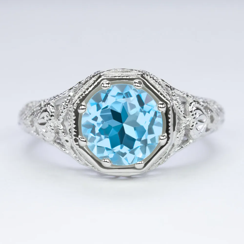 SWISS BLUE TOPAZ STERLING SILVER RING VINTAGE STYLE ART DECO FILIGREE ROUND CUT