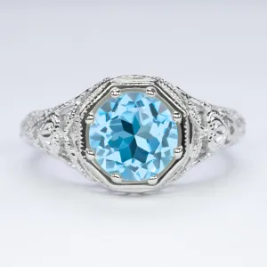 SWISS BLUE TOPAZ STERLING SILVER RING VINTAGE STYLE ART DECO FILIGREE ROUND CUT
