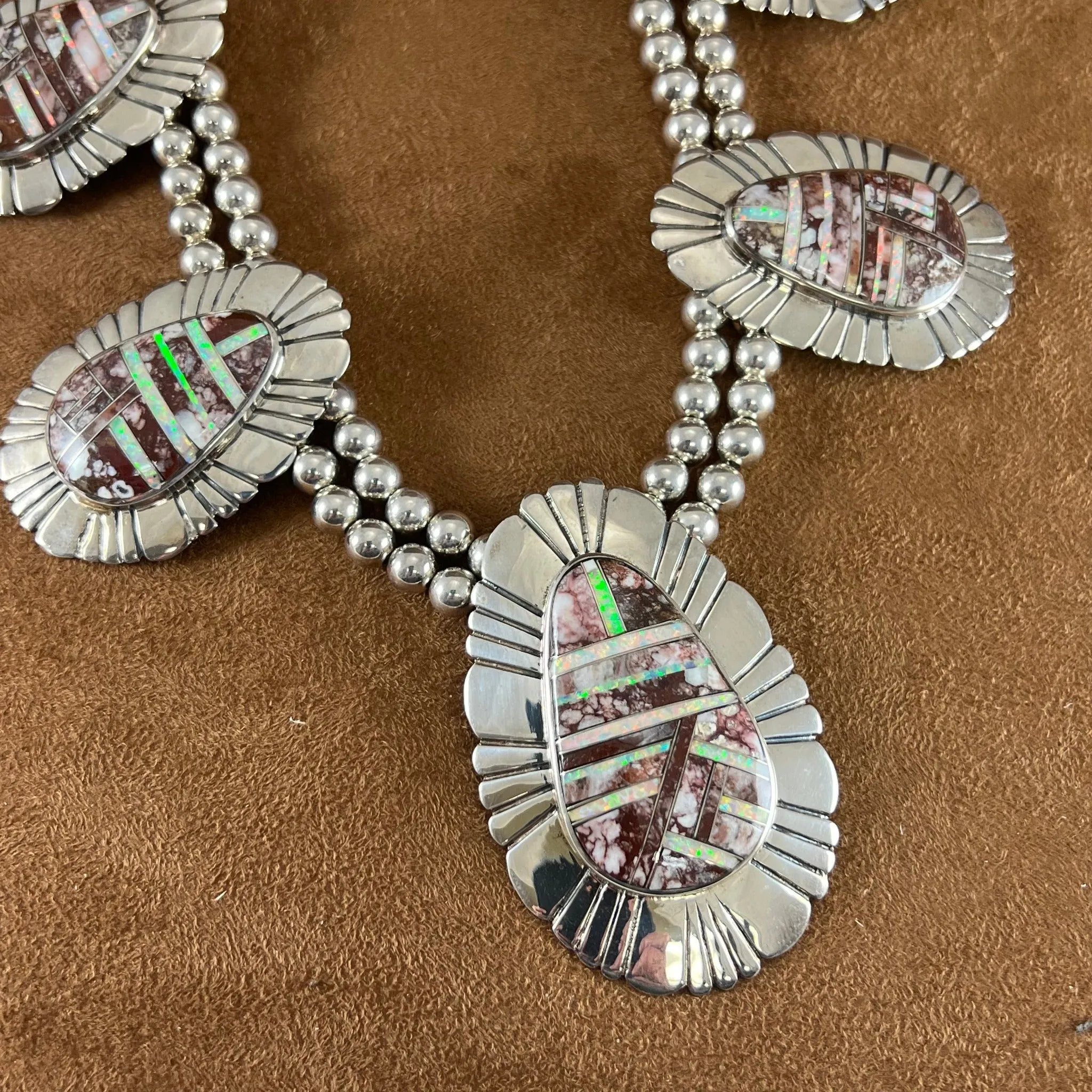 Vintage Sterling Silver Wild Horse Jasper and Opal Beaded Necklace Estate Jewelry