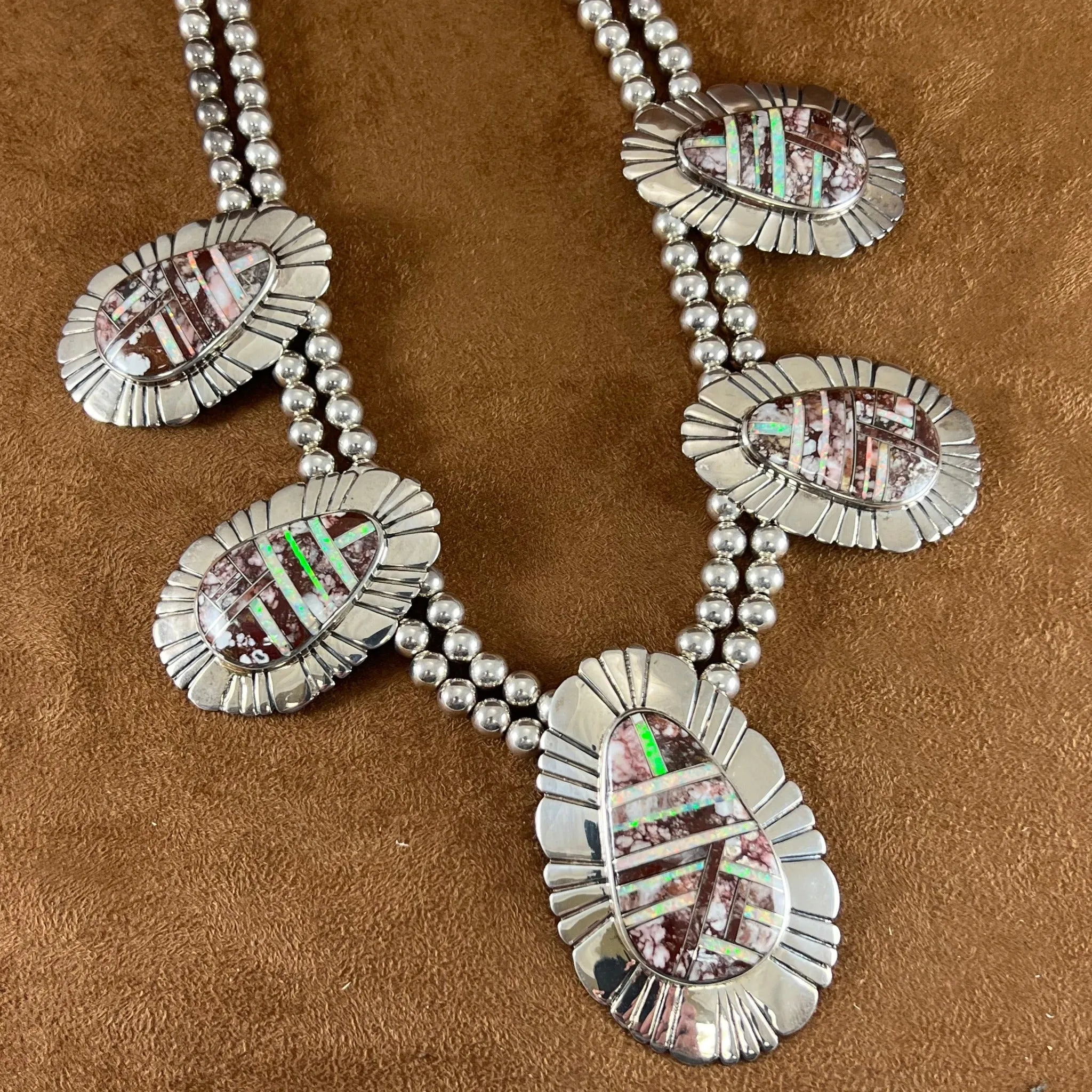 Vintage Sterling Silver Wild Horse Jasper and Opal Beaded Necklace Estate Jewelry