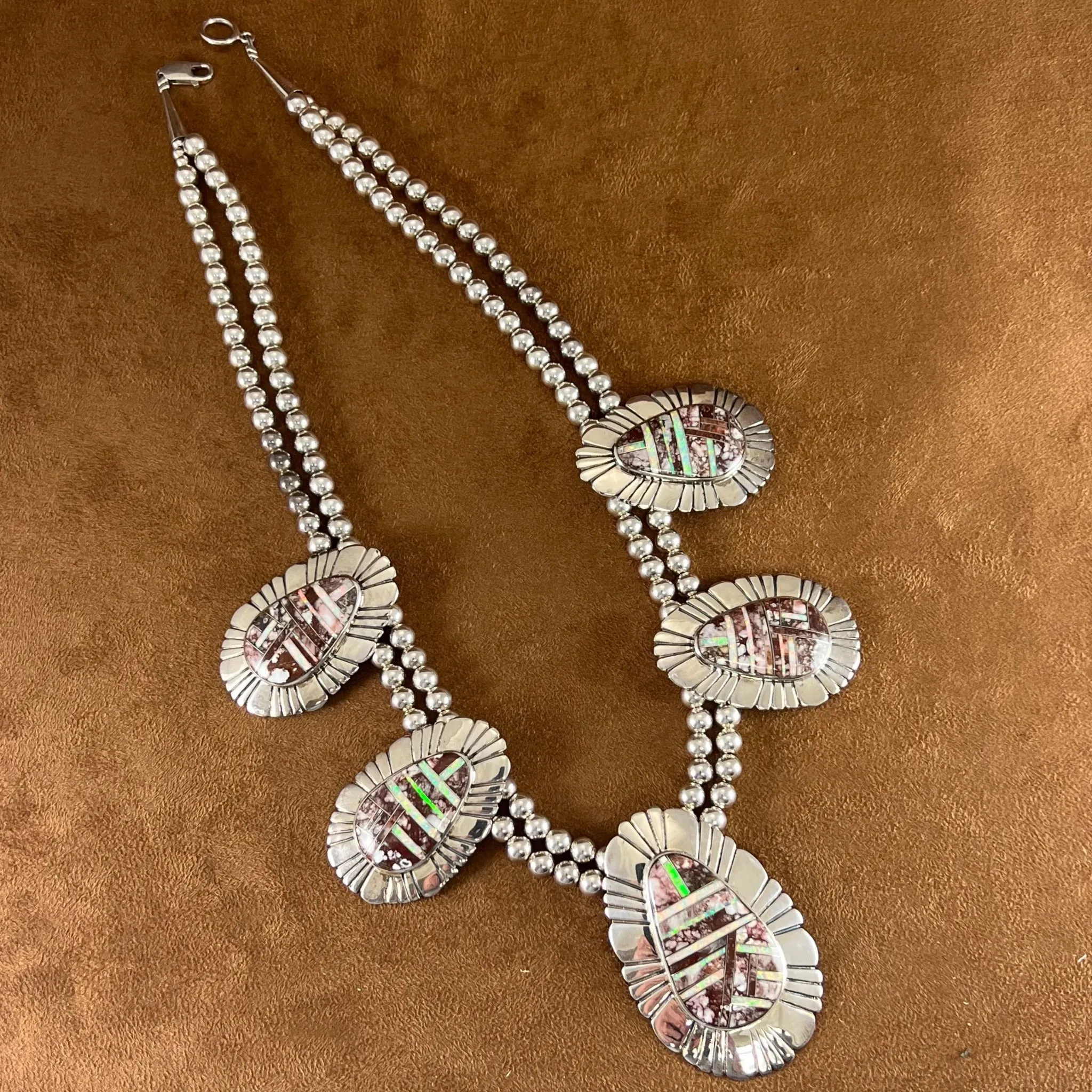 Vintage Sterling Silver Wild Horse Jasper and Opal Beaded Necklace Estate Jewelry